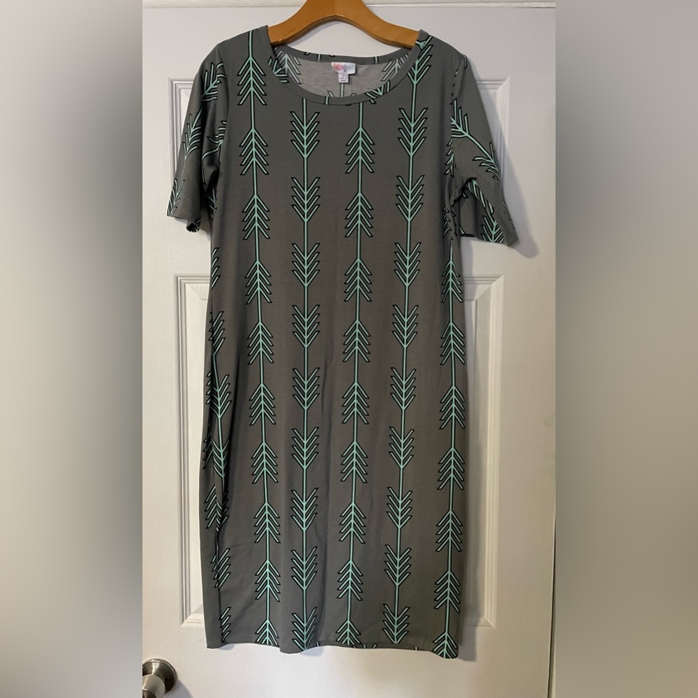 LuLaRoe Grey with Mint Arrows Julia Dress size Large